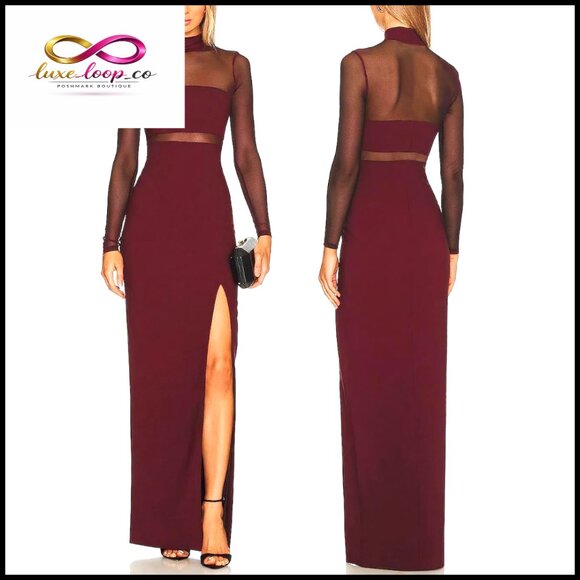 Mesh Long Sleeve Maxi Dress Turtleneck Bodycon Side Slit Cocktail Party